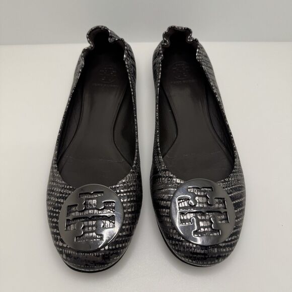 Tory Burch Black Silver Print Ballet Flats Silver Logo Women’s Size 9 M - Picture 1 of 11